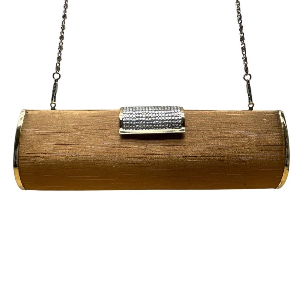 Gold Cylinder Clutch Purse With Rhinestone Clasp Closure & Chain Strap Sz S